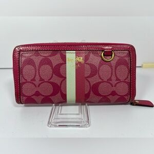 2117: Coach Signature Stripe Zip Around Wallet Pink Canvas Leather